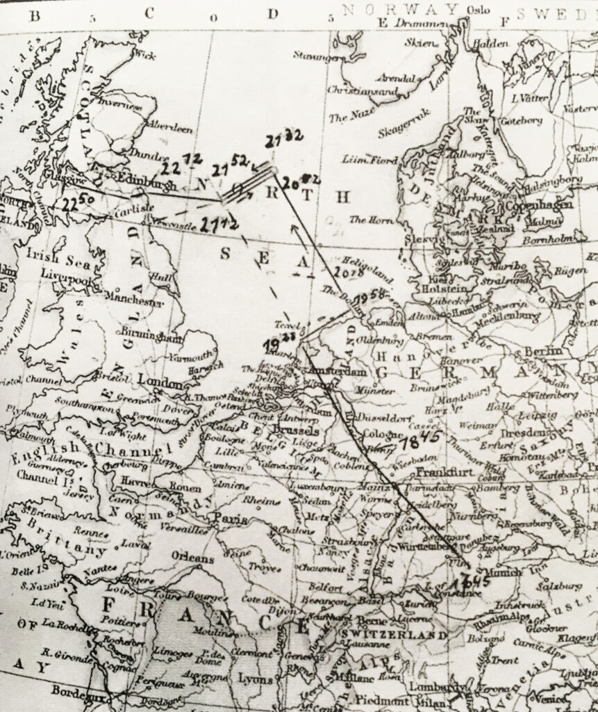 Полет в Великобританию. Карта маршрута, составленная Рудольфом Гессом во время пребывания в плену у англичан